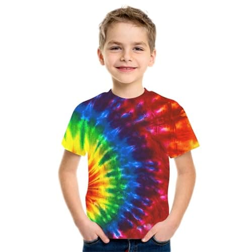 Image of Kids 3D Rainbow Swirl Printed T-Shirt Boys Summer Casual Short Sleeve Top Round Neck Basic Blouse Boys and Girls Stretch T-Shirt Comfortable and Lightweight Tee Children's Versatile Tops (A, S)