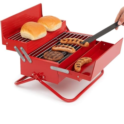 Image of Suck UK Portable BBQ Grill - Stainless Steel Charcoal BBQ Smoker for Camping & Outdoor Travel Folding Warmer Rack & Utensil Tray in Toolbox Retro Design with Carry Handle - Ideal Novelty Gift for Dads