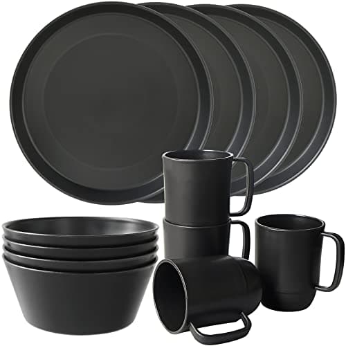 Image of Greentainer Plastic Unbreakable Dinnerware Sets,12PCS Camping Tableware, Lightweight Plates, Bowls and Mugs, Microwave& Dishwasher Safe Plates Set, Service for 4, Great for Adults(Black)