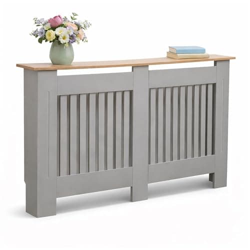 Image of Oypla Large Grey Wooden Slatted Grill Radiator Cover MDF Cabinet