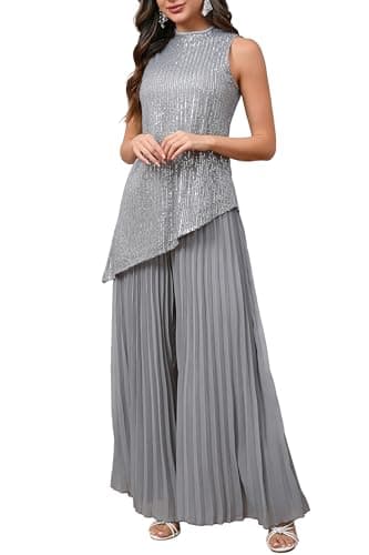 Image of VERWIN 2 Piece Outfits Sequins Top Asymmetrical Sleeveless Top Wide Leg Long Pleated Pants Lounge Set Mock Neck Shirt M Gray