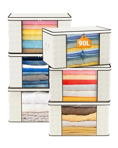 Image of KALAHOL 90L Large Capacity Clothes Storage Bags with Zips, Storage Boxes with Lids, Reinforced Handle, Foldable, Thick Fabric, for Clothes, Comforters, Blankets, Bedding, 6 Pack, Beige