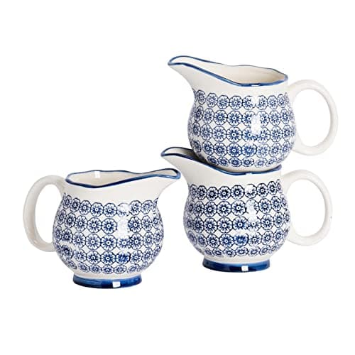 Image of Nicola Spring Hand-Printed Milk Jugs - 300ml - Pack of 3 - Navy Decorative Porcelain Dishwasher Safe Floral Pattern Tableware Cappuccino Coffee Milk Pitcher Jugs with Handle