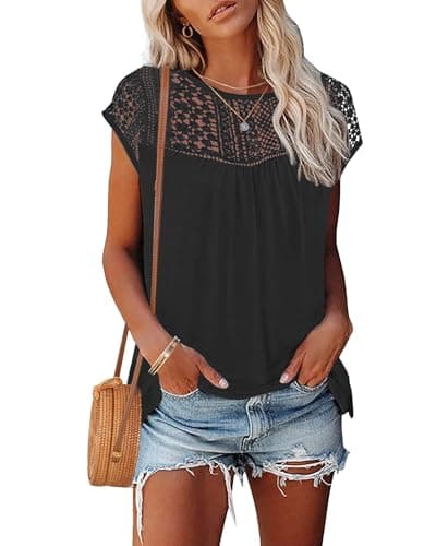 Image of WNEEDU Womens Summer T Shirts Lace Tops Cap Short Sleeve Tshirt Crew Neck Casual Blouses Elegant Black L