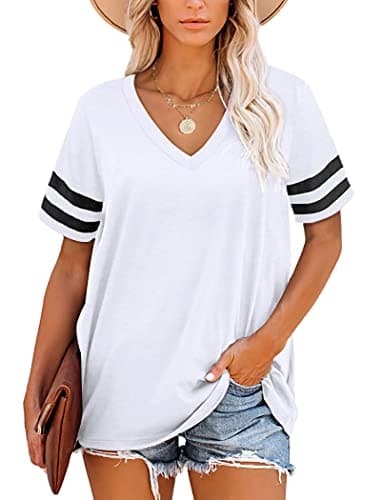 Image of MOLERANI T Shirts for Women Short Sleeve V Neck Striped Summer Tops Casual Loose Tee White Size 10-12