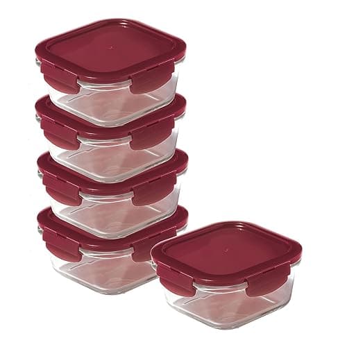 Image of LocknLock Eco Ovenglass Glass Food Containers with Lids Set of 5 - Airtight, Leakproof Square Food Storage Containers with Recycled Plastic Lids, Oven Safe, Dishwasher Safe, 5 x 500ml