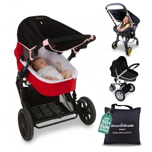 Image of SnoozeShade Original Pram Sun Shade for Newborns Universal Fit Better Than Breathable Blackout Cover with UPF50 Plus Protection Baby Sleep Aid with Limited Edition Pink Trim