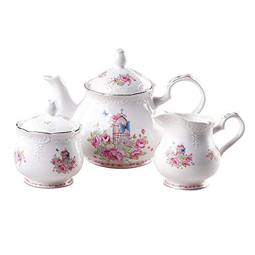 Image of China Vintage Floral Teapot Porcelain European Style Rose Teapot Sugar Bowl and Cream Milk Jug Set