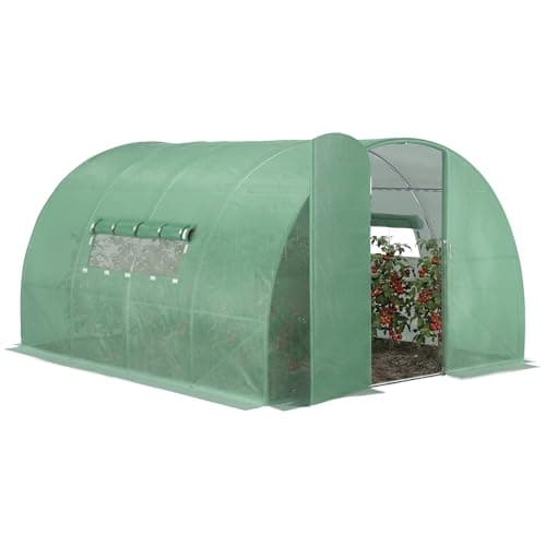 Image of Outsunny Large Polytunnel Walk In Greenhouse, Plant Gardening Tunnel Green House with Metal Hinged Door, Galvanised Steel Frame & Mesh Windows, Green (3 x 4 m)