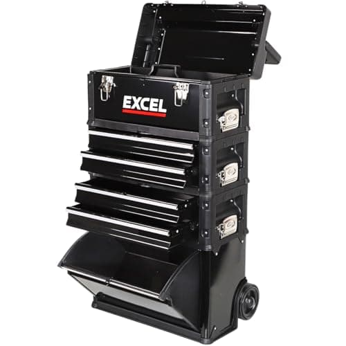 Image of Excel Mobile Cabinet Tool Storage Box 4 Drawer Garage Tool Chest with Wheel, Polypropylene Wheels for Easy Transport, Handle, Strong Metal Latches, Splits into 4 Seperate Toolbox