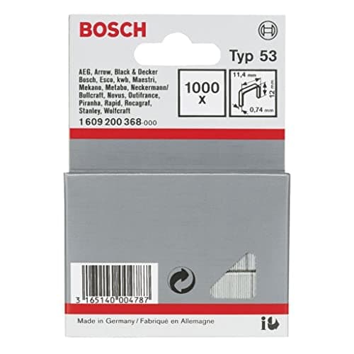 Image of Bosch Professional 1000x Fine Wire Staple Type 53 (Natural Materials, Textiles, Carton, 11.4 x 0.74 x 12 mm, Accessories Tacker, Staple Gun)