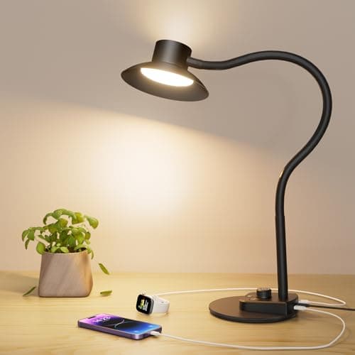 Image of Desk Lamp,Eye-caring Dimmable Bedside lamp with Dual USB Charging Port, 5 Light Modes & Stepless Dimming, 1400LM Desk Light with Flexible Neck for Home, Office, Bedroom, Reading, Work, Study,12V 2A