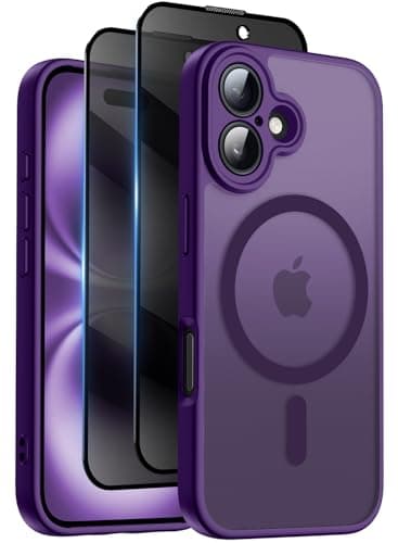 Image of Qasyfanc for iPhone 16 Plus Case with MagSafe, Privacy Screen Protectors X2, [Camera Protection] [15FT Military Drop Protection] Magnetic Translucent Matte Back Shockproof Phone Cover, 6.7", Purple