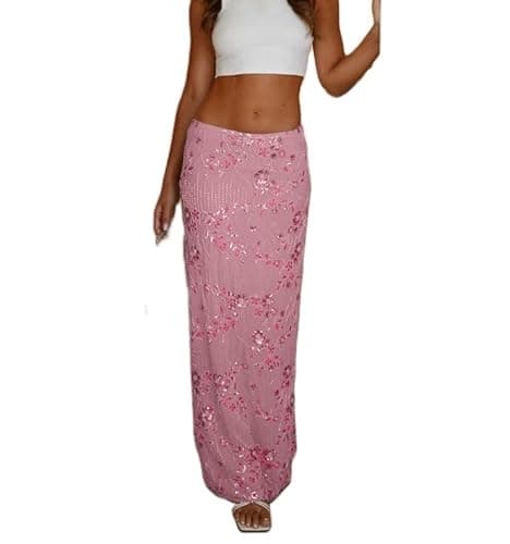 Image of FeMereina Women Y2K Sequin Long Skirt Sparkle Rhinestone Floral Maxi Skirt High Waist Glitter Midi Skirt Going Out (Pink, M)
