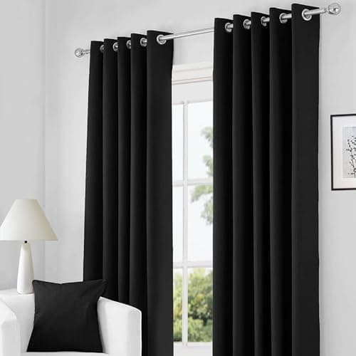 Image of RayyanLinen Readymade Blackout Thermal Eyelet Ring Top Pair of Curtains Including 2 free Tiebacks (BLACK, Width 46" x Drop 72")