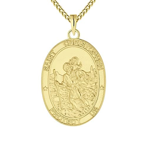 Image of FJ 18ct Gold Plated St Christopher Necklace 925 Sterling Silver for Men Women Saint Christopher Pendant Necklace with 24 Inch Chain (Oval)