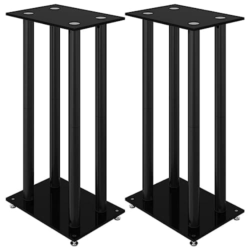 Image of vidaXL Black Speaker Stands- Modern 4 Pillar Design, Durable Aluminium Frame, Tempered Glass Material, Space-Saving Wire Management System, Easy Assembly, Non-Slip Base