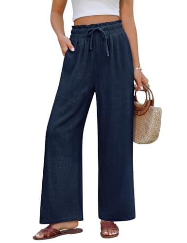 Image of PASUDA Womens Linen Trousers Summer Wide Leg Pants Cotton Linen Casual Pants with Pockets Elasticated High Waist with Drawstring Loose Lounge Pants for Ladies (Navy Blue, XL)