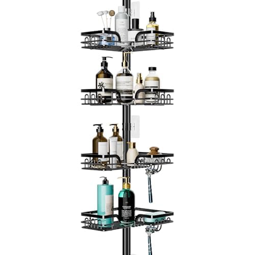 Image of HapiRm Telescopic Shower Caddy Corner - Height Adjustable Bathroom Shelf from 26.4 to 108.3 inch, Rustproof Shower Caddy with 4 Tier & 22 Hooks, No Drilling Shower Shelf, Bathroom Shelves