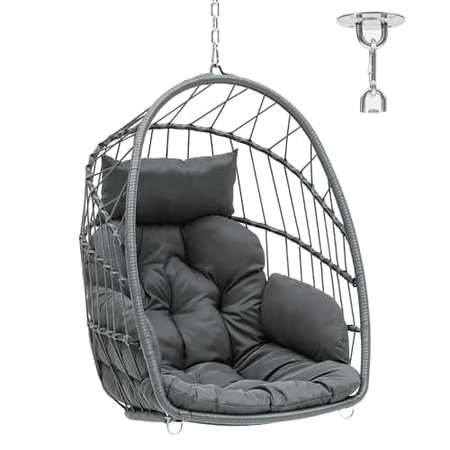 Image of YITAHOME Rattan Egg Chair Max. load 150 kg Garden Egg Chair with 2 Cushions, 105 x 74 x 72 cm Iron Sturdy Steel Frame, Hanging Egg Chair with a Chain & S Hook for Patio, Garden, Living Room, Grey