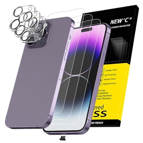Image of NEW'C 3x for iPhone 14 Pro Max Screen Protector (6.7 inches)+ 3x Camera Lens Protector, Sensor Protection + Dust Plug - Case Friendly Tempered Glass Film, Ultra Resistant