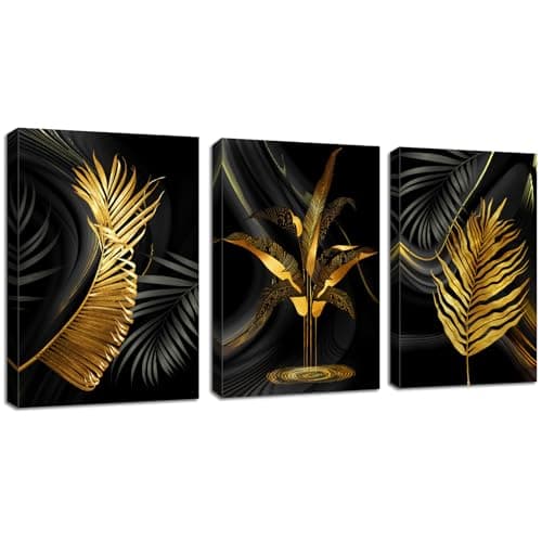 Image of FajerminArt 3 Panels Framed Canvas Wall Art Nordic Black Gold Leaves Art Pictures Printing Poster Canvas Prints Wall Decor for Bedroom Living Room Bathroom Office Ready to Hang 30x40cmx3Pcs