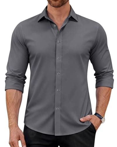 Image of J.VER Dress Shirts for Men Grey Long Sleeve Business Casual 4-Way Stretch Wedding Work Formal Button Down Shirt XL
