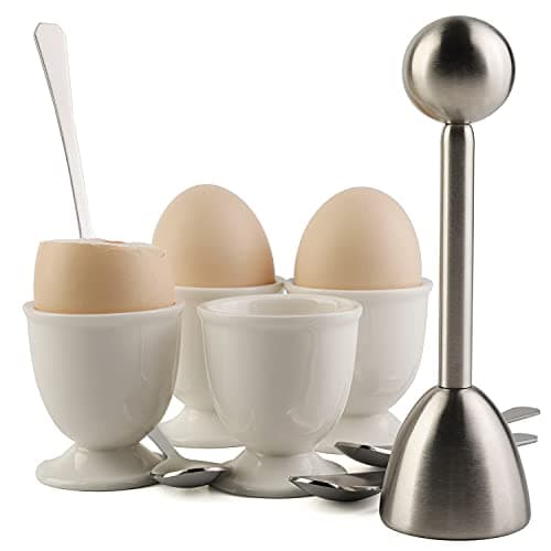Image of Egg Cracker Topper Set for Soft Hard Boiled Eggs Shell Removal Includes 1 Egg Cutter 4 Ceramic Egg Cups and 4 Spoons