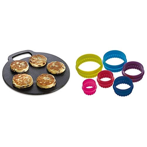 Image of KitchenCraft Round Baking Stone/Cooking Griddle, Cast Iron, Black, 27 cm & Colourworks Plastic Plain and Fluted Round Cookie Cutters, Multi-Colour, Set of Six