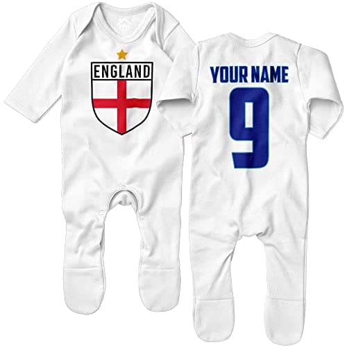 Image of Personalised England Romper Suit 2024, Baby Boys and Girls Football Your Custom Name and Number Printed England Outfit, New UPDATED 2024 kit, Retro Gifts for English Fans, 0-3 Months, White