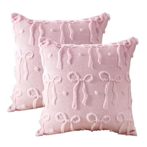 Image of FloralGrace Rosa Decorative Cushion Covers 45x45 Cm Set of 2 Soft Plush Cushion Covers Aesthetic Floral Cushions Pink Room Decor for Bed Sofa Living Room