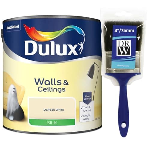 Image of Daffodil White Walls & Ceilings Silk Emulsion Paint 2.5L + 3" Emulsion Paint Brush – Smooth Washable Silk Finish, Quick Dry, Low-VOC, Easy Application for Interior Walls & Ceilings