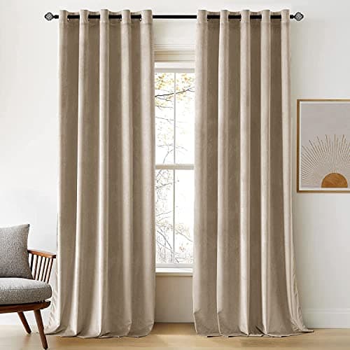 Image of Woaboy Velvet Curtains 90 Drop Taupe Curtain for Living Room Thermal Blackout for Bedroom Luxury Eyelet Drapes Super Soft Window Treatment Insulated Soundproof & Room Darkening W 66 x L 90 2 Panels