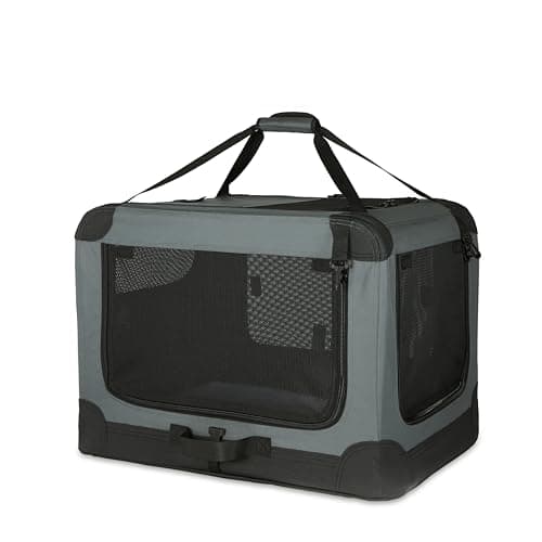 Image of Amazon Basics 4-Doors Portable Soft-Sided Folding Travel Crate Kennel for cat, dog, and other small animals, Grey, S 66 cm x 46 cm x 46 cm