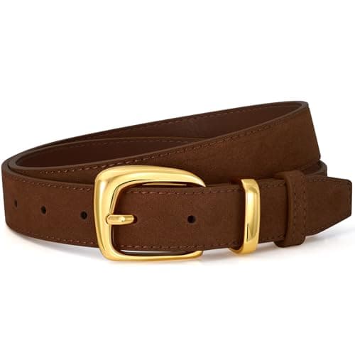 Image of VONMELLI Women Suede Leather Belt for Dresses Jeans Fashion Gold Buckle Ladies Waist Belts Coffee Fit Waist Size 26-30 Inches