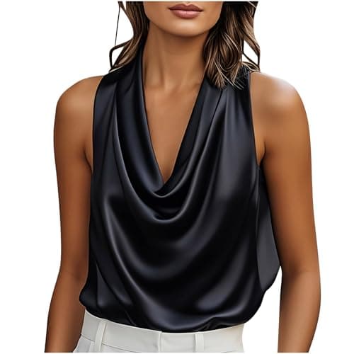 Image of Women Plunge Cowl Neck Vest Satin Silk Sleeveless Tank Tops Ladies Camisole Shirts Fashion Casual Loose Silky Cami Blouse for Evening Party Going Out Trendy Outfits Black