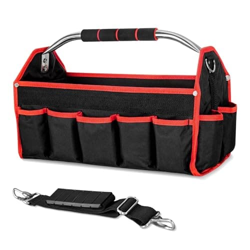 Image of HAUTMEC 16 Inch Tool Tote Bag, Foldable Open Top Tool Bag with Stiff Frame, Padded Steel Handle, Shoulder Strap, Water-Resistant Base, Portable Tool Organizer for DIY & Jobsite Use – TB0002