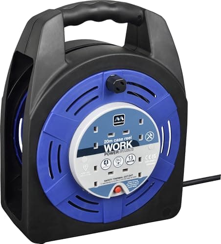Image of Masterplug Four Socket, 20 Metre Case Reel, Large Extension Lead Cable Reel, Wind-Up Retractable Power Cord Reel, Thermal Cut Out, Work Power, Blue/Black, 13A, 4G, 20m, HBT2013/4BL