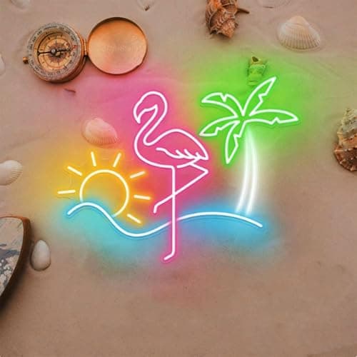 Image of Dimmable Summer Neon Sign Powered by USB,Acrylic Pink Flamingo Green Palm Tree Neon Art Light Sea Beach Light up Decor,Personalized Neon Light for Girls Room Sea Hotel Beach Pool Party(15.7x11Inch)