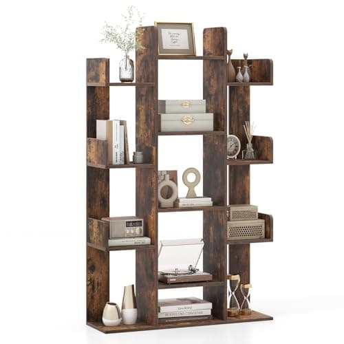 Image of COSTWAY 13 Tiers Bookshelf, Floor Standing Tree Shaped Bookcase Magazines Organiser Unit, Home Office Living Room Storage Rack Display Stand (Rustic Brown)