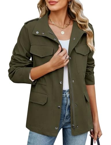 Image of CMTOP Women's Jackets Lightweight Cotton Short Jackets Zip Up Utility Jacket, Casual Work Shacket Windproof Outerwear with Multiple Pockets for Spring Summer Autumn(Army Green,M