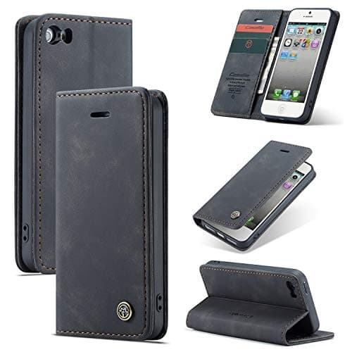 Image of Cracedily for iPhone 5 / iPhone 5S / iPhone SE (2016) Case, Wallet Case Flip Leather with Card Holder Magnetic Closure Shockproof Kickstand Protective Phone Cases Cover for iPhone 5S,Black