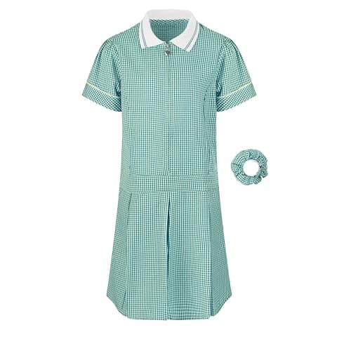 Image of Listers Schoolwear Girl's School Uniform Pleated Gingham Summer Dress + Hair Bobble Age 3 4 5 6 7 8 9 10 11 12 13 14 15 16 17 18 Years Green