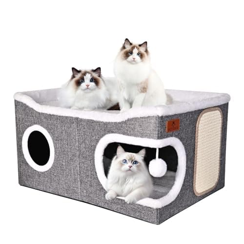 Image of Extra-Wide Cat Beds for Indoor Cats, Large Cat Cave Bed with Scratch Pad and Fluffy Ball, Foldable Cat Hideaway with Reversible Cushion for Multi Small Pet Large Kitty, 60D x 43W x 32H cm, Grey