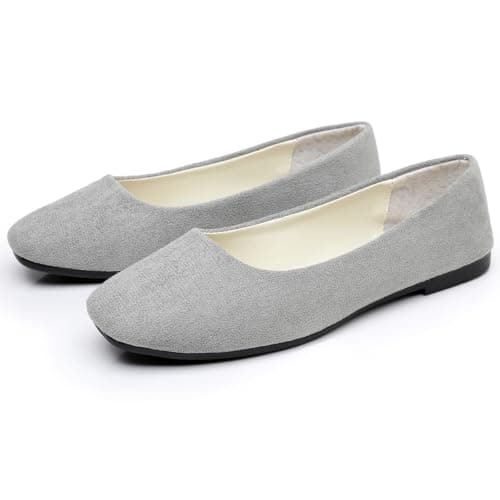 Image of Hwalleum Women's Casual Square Toe Ballet Flats Ladies Stylish Slip On Ballerina Flats Girls Fashionable Solid Color Ballet Pumps Dolly Shoes Womens Comfy Office Driving Flat Shoes Loafers Grey