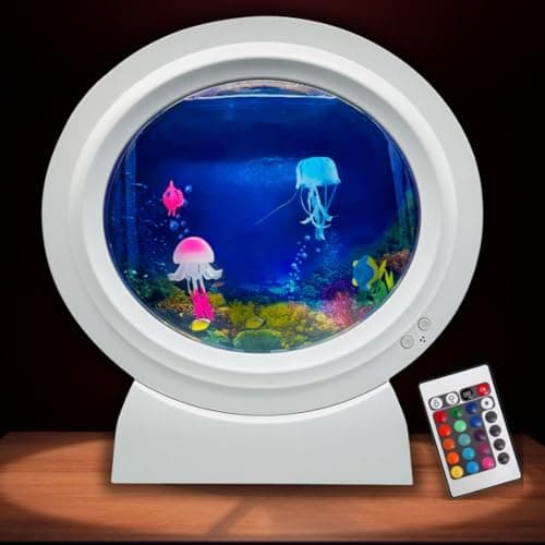 Image of Playlearn Round Jellyfish Aquarium Tank LED 4 Color Changing Modes USB Powered Mood Lights for Sensory Spaces, Classrooms, or Bedrooms Cool Jellyfish Kids Night Light Lamp