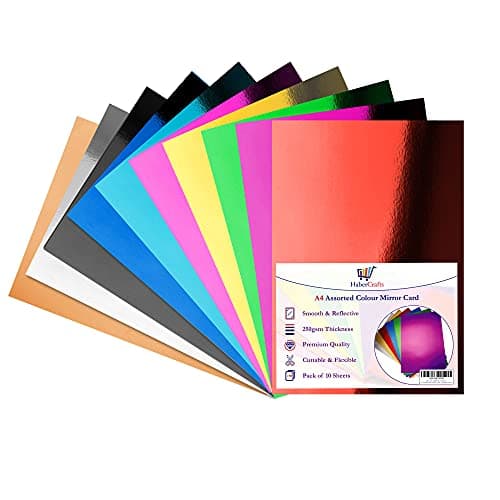 Image of Assorted Colour Mirror Card A4 Coloured Metallic Mirror Board Thick 250gsm Card Shiny Sheets Mirror Foil Activity Craft Cardstock Reflective Shimmer Mirror Finish (10 Assorted Colours - 10 Sheets)
