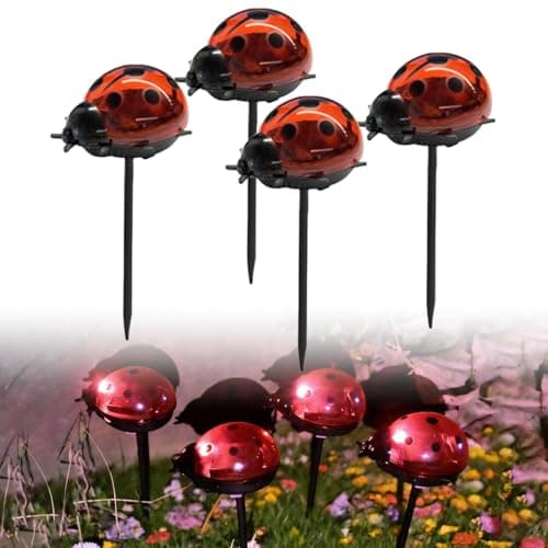 Image of WRQIOO Solar Lights Outdoor Garden, 4Pack Ladybird Solar Stake Lights, Waterproof Ladybird Garden Ornament for Flowerbeds Borders Driveway Pathway Lighting Outdoor Decorations