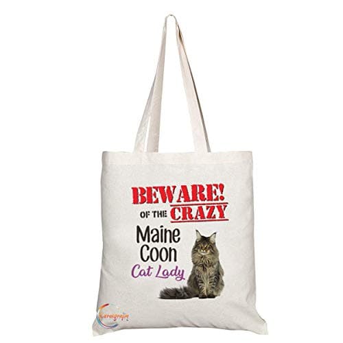 Image of Coralgraph Inc TB505 BEWARE! OF THE CRAZY Maine Coon Cat Lady Novelty Present Gift Printed Eco-Friendly Stylish Long Handled Tote Shoulder Bag