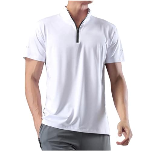 Image of RLEHJN Men's Active Sports Shirts 1/4 Zip Short Sleeve Running T-Shirts Breathable Quick-Dry Pullover Slim Fit Stand Collar Tops Lightweight Outdoor Polos Shirts for Training and Fitness M-5XL White
